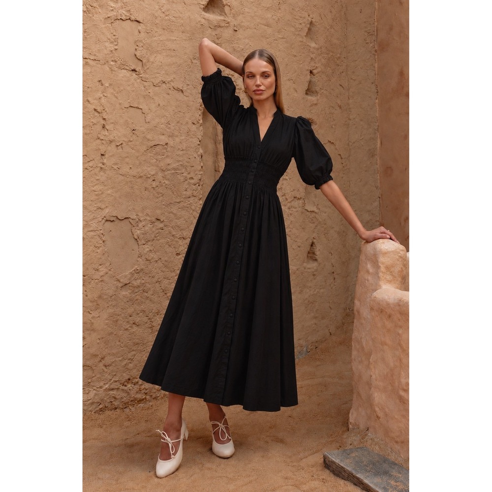 Sundays We Are Sundays Chessy Black Cotton Smocked Maxi Dress Puff Sleeve S